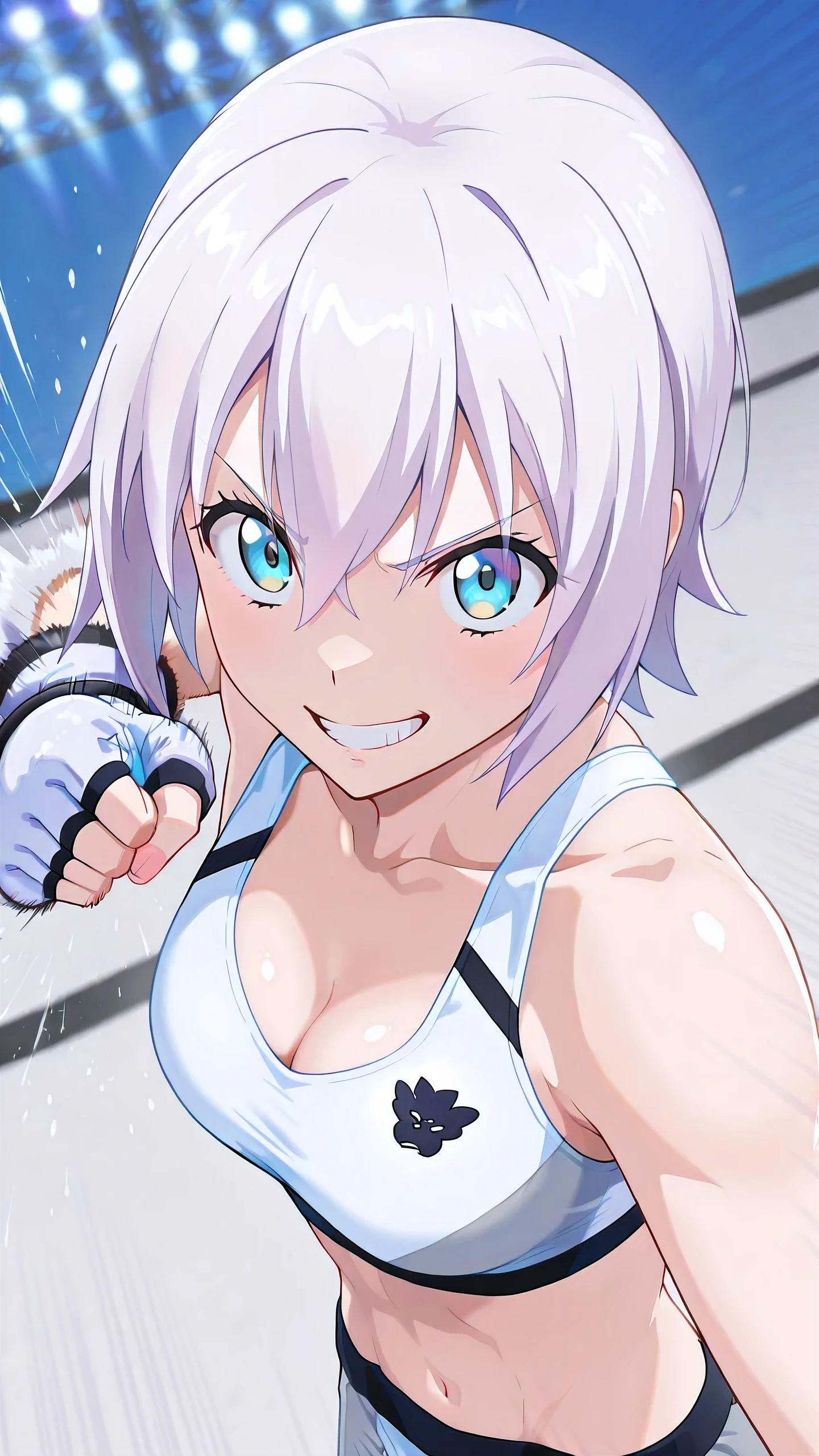 lisanna strauss, short hair, blue eyes, hair between eyes, white hair,, solo, Detailed eyes, white sports bra, black sports very short spats, white fingerless gloves, thigh, cleavage, slim body, medium breast, serious grin, looking at viewer, Detailed eyes, Detailed face, from above, portrait,
p4nch, punching, clenched hand, motion lines, motion blur,
(mmacage, incagefighting, indoor, spot lights, depth of field).