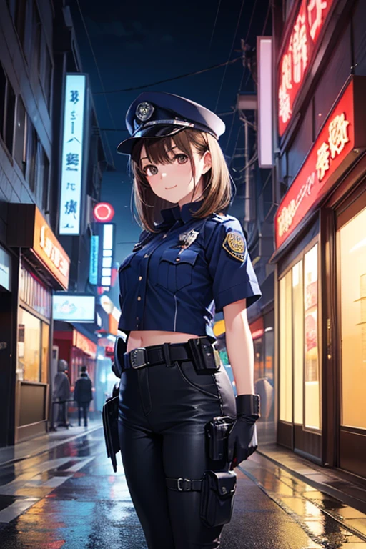 Prompt:
beautiful anime girl, Japanese female police officer, navy blue uniform, police cap, serious expression, standing in a neon-lit city street at night, patrol car in the background, hand on holster, short gloves, confident posture, rain-slick asphalt, cinematic lighting, cyberpunk urban scenery, realistic textures, full body
Style Prompt:
masterpiece, highly detailed, cinematic look, dramatic lighting, street reflections, full shot, anime style, elegant and sharp,, , 、,..
,( masterpiece, best quality, high resolution, ultra high resolution, pixel perfect, depth of field, 4K, RTTX10.0),
、Anegasaki Nene, shiny brown hair, beautiful brown eyes, smiling face, sparkling pupils, (fine grain), , highly detailed face,, (masterpiece:1.2, best quality), ((only1 girl)), ((cowboy shot:1.5))