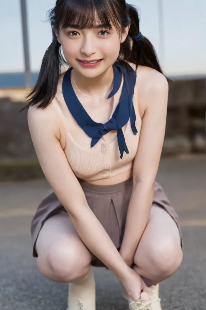 Nagano Mei,Japanese、woman、smile、(Nude),(just),(naked),Observe the audience、University Vegetable Garden、bangs、20-year-old、((Low twin tails)),Small eyes、Round face、Small Mouth、Small areola、Navy blue pleated mini skirt