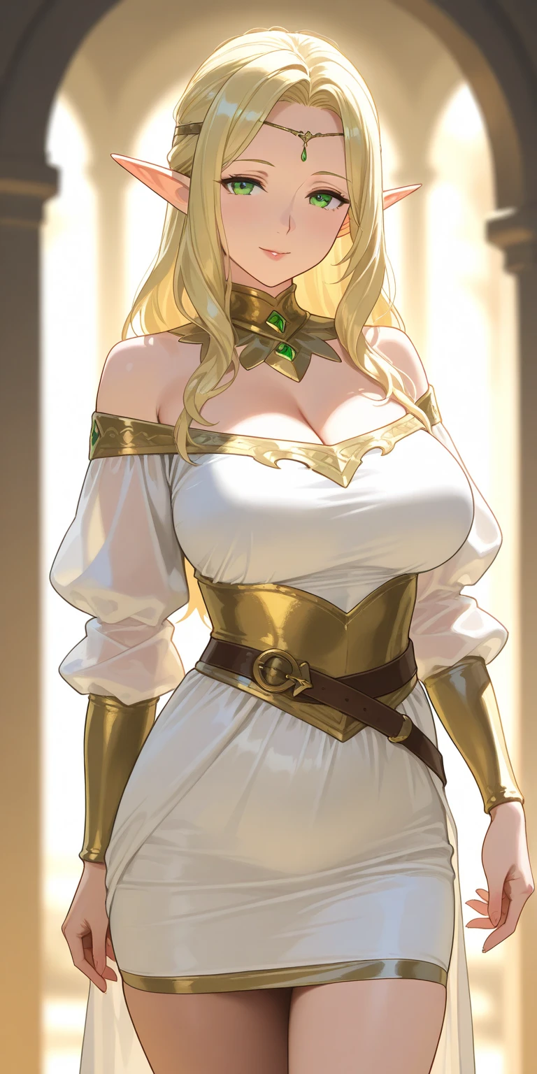 (masterpiece), best quality, expressive eyes, perfect face, ((best quality)) ((masterpiece)) 1woman, mean_face, huge_breasts, solo, long_hair, green_eyes, blonde_hair, freckles, looking_at_viewer, massive_breasts, wide hips, freckles, gold_trim, very_long_hair, armlet, jewelry, bangs, gradient, collarbone, orange_royal_gown, flowy_clothing, robe, beautiful-scenery-background-1, perfect-green-eyes-1, highest-quality-1, excellent-quality-1, best-quality-1, best-eyes-1, highest-quality-eyes-1, best-hands-1, best-quality-hands-1, perfect-face-1
