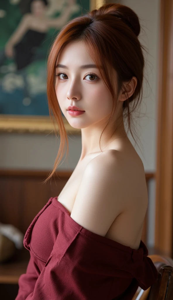Best Quality, masutepiece, hight resolution, 1girl in,qipao dress,Hair Ornament,Necklace, Jewelry,Beautiful face,Inserting a into the_Body, Tindall Effect,Photorealistic, Dark Studio, Rim lighting, two tone lighting,(High detailed skin:1.2), 8K UHD, Digital SLR, Soft lighting, High quality, Volumetric lighting, Candid, photograph, High resolution, 4K, 8K, Bokeh,Maroon hair, nude,