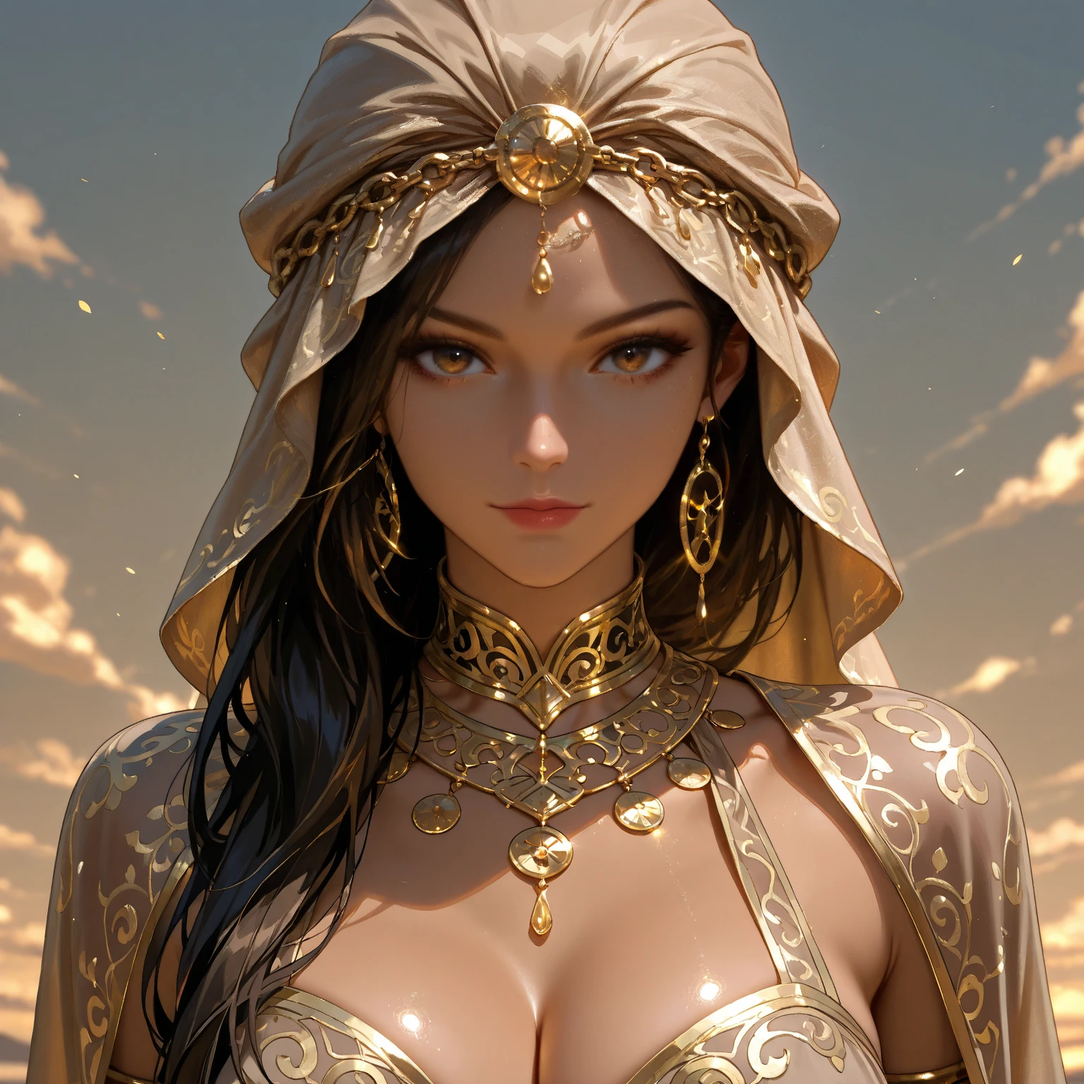 No hands or fingers in image, A mesmerizing portrait of a woman, small breast inspired by the artistry of Gustav Klimt. The woman, her features rendered in hyper-realistic detail, is adorned with intricate patterns and motifs reminiscent of Klimt's iconic style. The lighting is soft and diffused, casting a warm glow on her figure and the ornate decorations. The color palette is rich and vibrant, with a focus on golds and jewel tones, a signature of Klimt's work. The composition is carefully balanced, with the woman centrally positioned in the frame. The image is to be generated with a high-resolution 16k, using a virtual 85mm lens, with a focus on sharpness and depth-of-field --auto