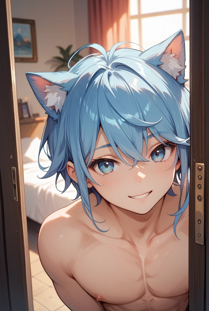 ((masterpiece)), ((best quality)), (ultra-detailed), anime style, on the bed, a cute girl, 1girl, solo, nude00, ((beautiful eyes)), smile, ((open chest)), ((cute nipples)),small breast, beautiful blue hair