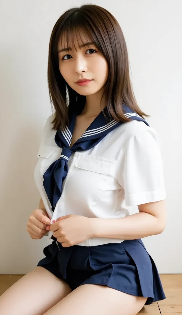A girl standing in the school corridor,White jumpsuit with sailor tights,18 years old,Bangs,A little smile,thigh,crotch,knee,short hair,Ponytail,From below