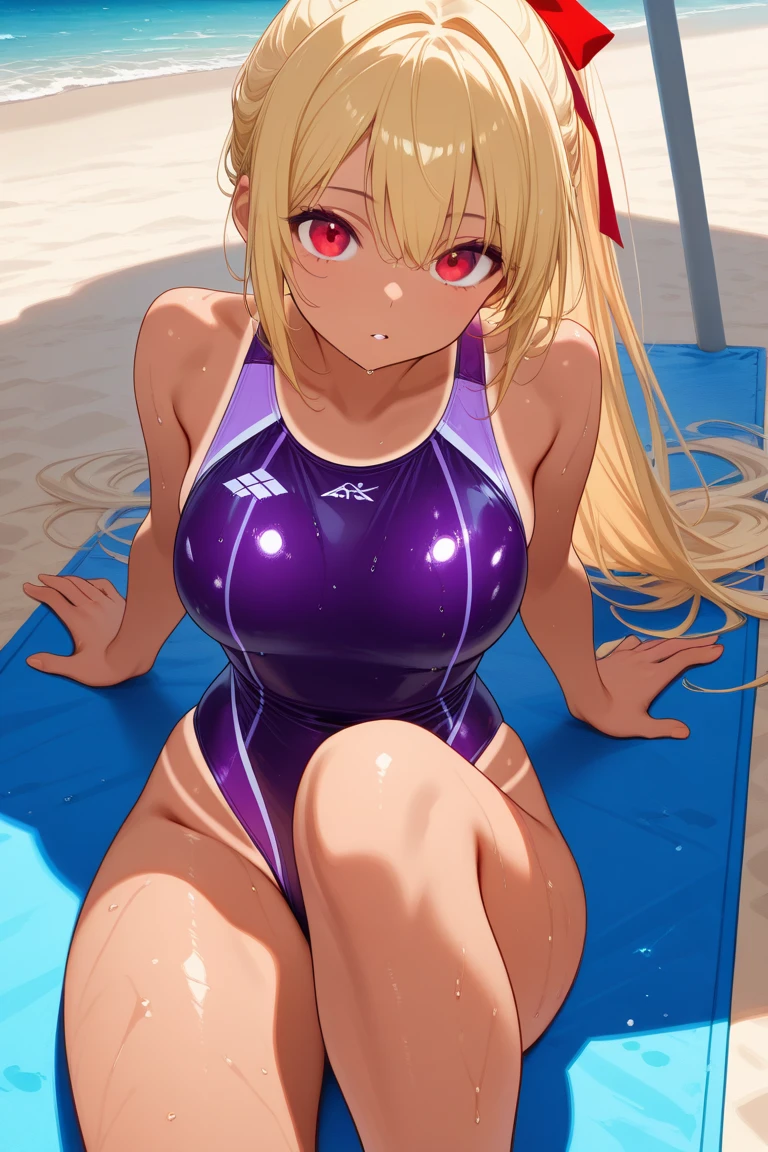 create Tsunade from the anime Naruto with a purple thong bikini extremely tight on her huge breasts without the top lying on the beach