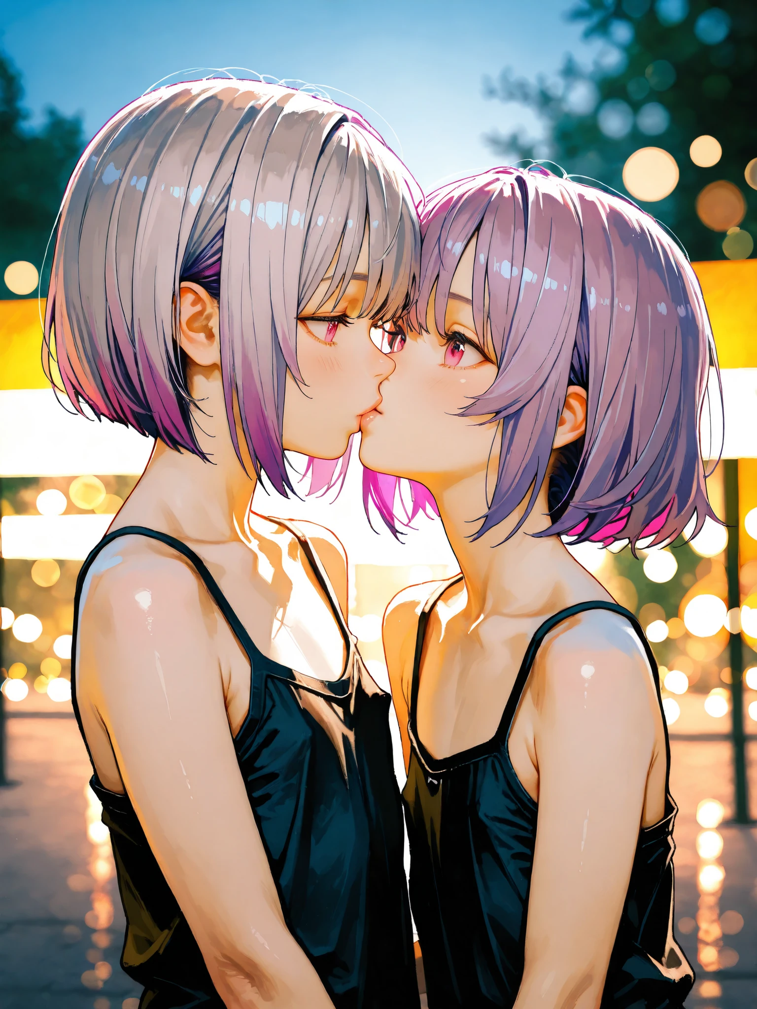 short girl, Sisters Girls,is young, flat chested,realisticな外観, big pink eyes, short bob、Two-tone purple hair and gray hair、Black Camisole、Kiss me deeply、Outdoors、細部にこだわったrealisticな影、movie stills, real、Highest Quality, realistic, 4K Rendering, ultra-fine texture, professional , bright color, Bokeh