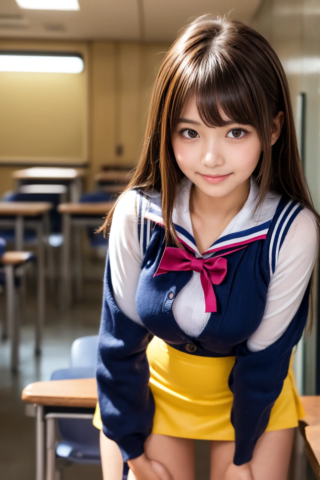 (Highest quality, 8K, 32k, masterpiece, 超High resolution:1.2), (RAW Photos), (Realistic), (photoRealistic:1.2), (High resolution), Large file size, Super detailed, Very beautiful face & eye, One girl, Japanese ,14, 13 years old, 12 yearssmall face, Baby Fwaist, Large Breasts, Slim figure, Ts, (Dark blue pleated mini skirt, Japanese sailors, sailor fuku, Seraphim, Japanese school sailor uniform), Nice hands, Perfect hands, Accurate hand drawing, 完璧な親refer to & refer to, Sweaty, A shy smile, Pure white teeth, From below, Japanese Classroom,