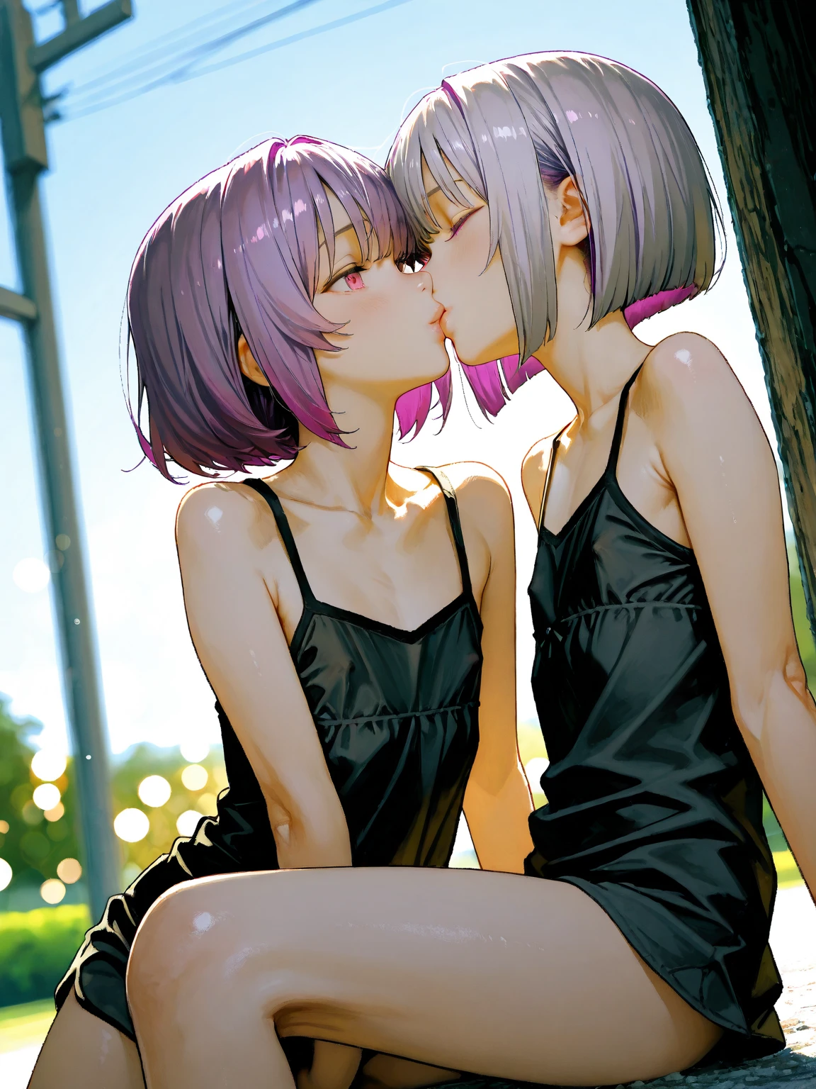 masterpiece, best quality, 2girls, (closeup), 18yo , slim, small breast, naked breast, nipple, open purple raincoat, sitting, in abandoned train, hugging, lode, smile, heavy rain, downpour, flood, wasteland, grey, desolate, rain, dark, watercolor, (topless:1.2), small breasts