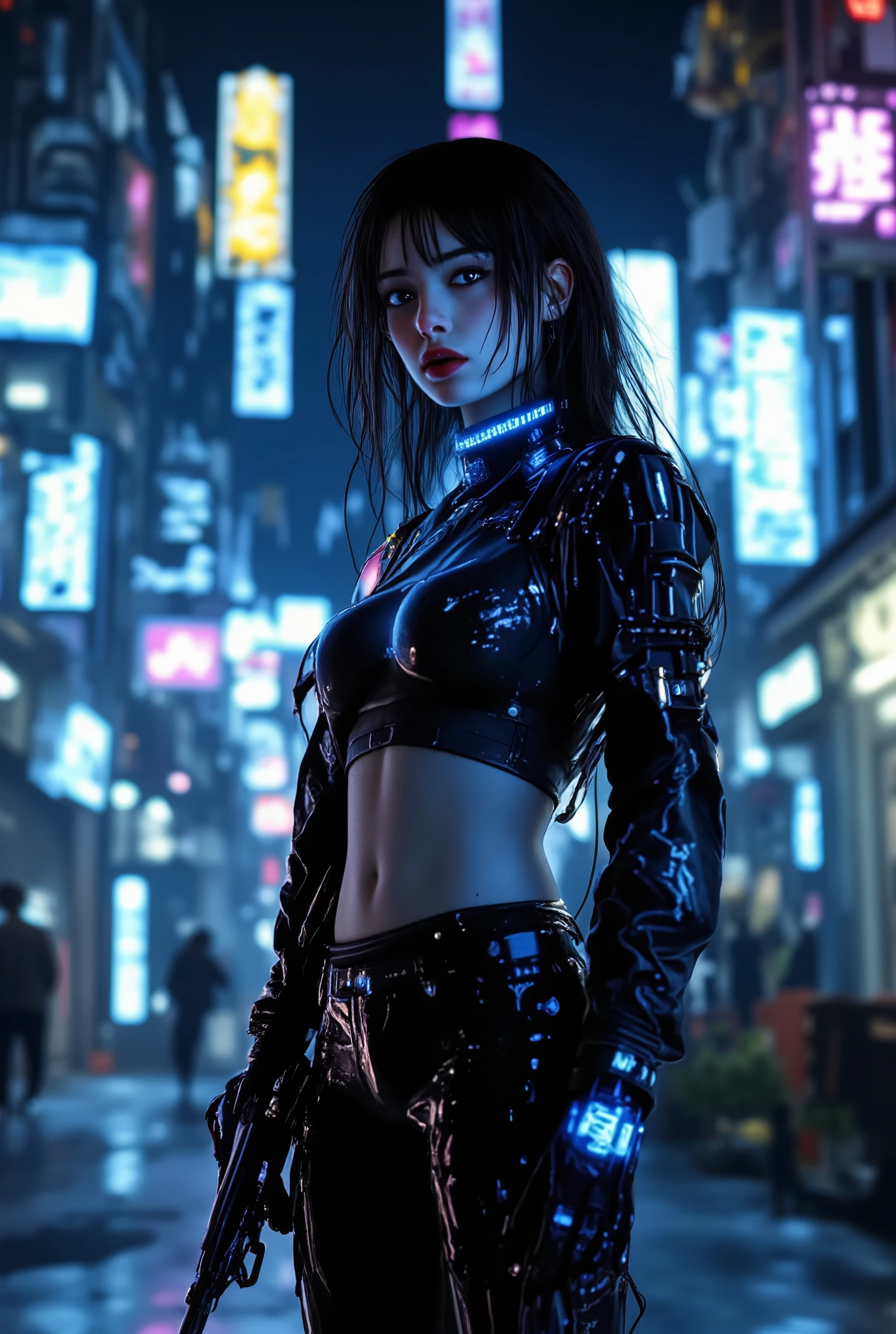 a cyberpunk-themed female figure in a sleek black futuristic outfit, holding a glowing blue sci-fi weapon, in a dystopian urban cityscape with neon lights, holographic displays, and advanced technologyhighly detailed, 8K, photorealistic, cyberpunk, female character, black futuristic outfit, glowing blue sci-fi weapon, dystopian urban cityscape, neon lights, holographic displays, advanced technology,ultra-detailed,cinematic lighting,dramatic atmosphere,moody colors,professional digital art