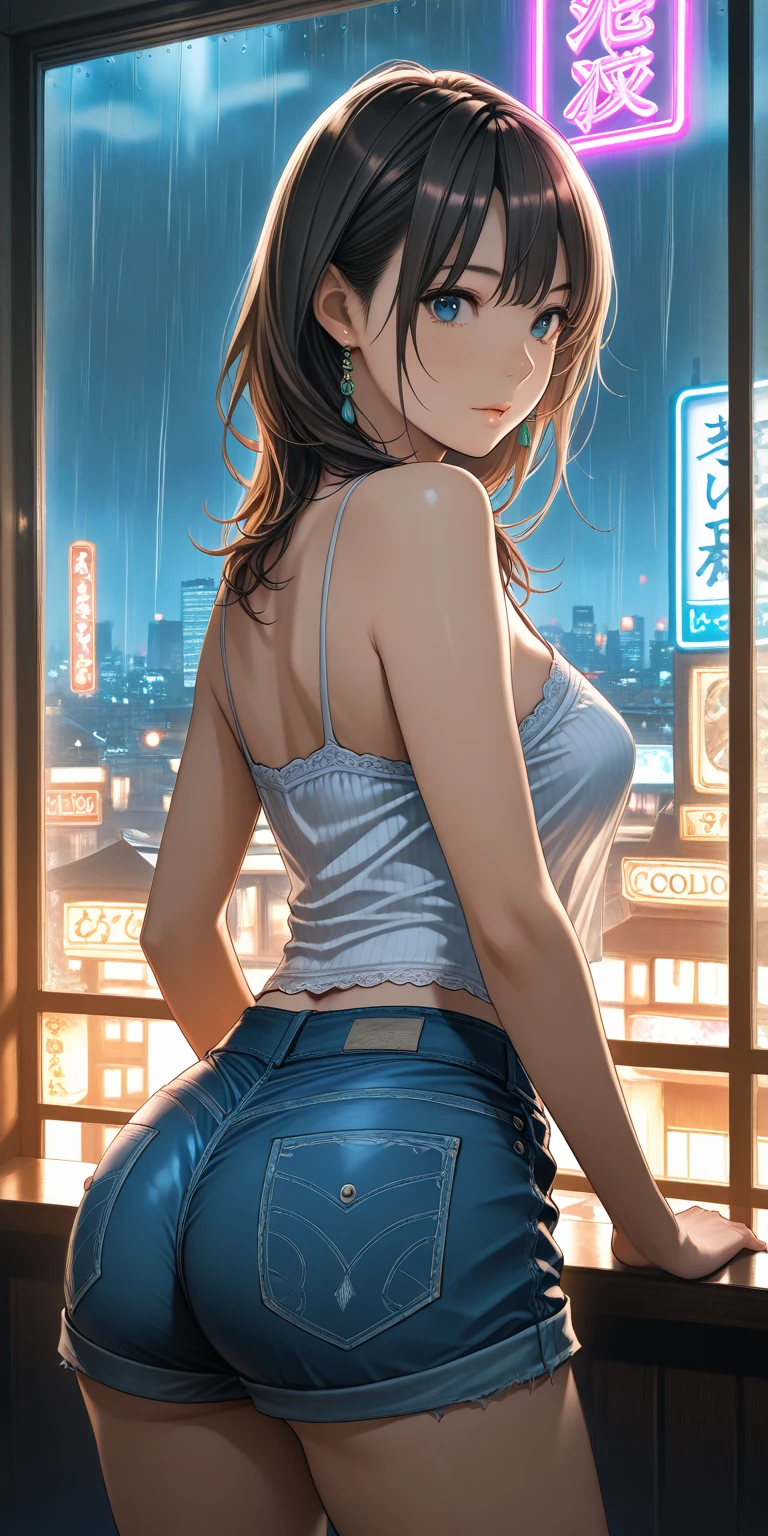 masterpiece, best quality, very aesthetic, absurdres, newest,1girl,naked_shirt, pussy_hair, ,lara_croft(tomb_raider), 1girl, long_hair, braid, brown_hair, brown_eyes,,,Cyberpunk City, Street, Night, neon light, neon sign,