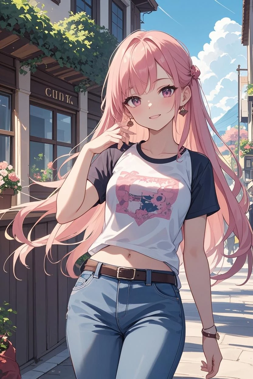 (masterpiece:1.2, Top quality),, Nice illustration, (Natural side Light, Light),
Looking at the audience, 1 girl,Protruding nipples, Pink hair,White shirt clothes,Denim shorts,Large Breasts,Nipple protrusion 2:1,She sits in a garden chair,Protruding nipples:2.5