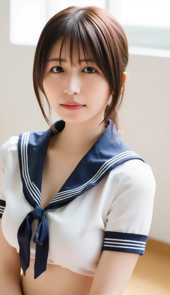 Beautiful young Japanese woman, Around 20 years old, Wearing a sailor uniform, Very detailedな, 8K resolution, とてもRealistic, Cinema Lighting, Highest quality, masterpiece, Realistic, Physically Based Rendering, Very detailed, Vibrant colors, Professional, Sharp focus, Studio Lighting.Standing facing forward,smile
