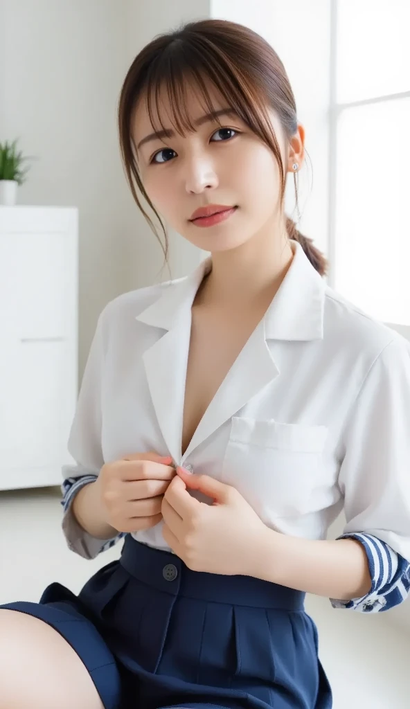 (The contrast between light and shadow makes the subject appear three-dimensional.),(((With the sunset in the background))),one girl, (a beauty girl, delicate girl:1.3), (14 years old:1.3), break, (winter uniform, cute uniform:1.3), break, (school library,Between the bookshelves:1.3),perfectly trimmed fingers, break, extremely fine-grained clarity, (symmetrical eyes:1.3), break, brown eyes, parted bangs, brown hair, girl, break, (Eye and face details:1.0), (get closer to the face, enlarge the face, face focus:1.0), break, (masterpiece, highest quality, Super detailed, detailed face, 8K), ((sensational gaze:1.2))、??????? face、?????? expression、look up、look at viewer、((I can not stand it:1.5))、 break,Huge, soft, droopy breasts, (my chest is too big: 1.9), knee socks(dynamic and sexy pose),professional lighting,cinematic light,(highest quality,Ultra high resolution output image,) ,(8K quality,written boundary depth,Anatomically accurate facial structure,),(sea art 2 mode:1.3),(Image mode Ultra HD,),(3D Realistic Photography:1.3)