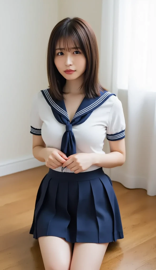 (masterpiece:1.2, Highest quality), (Realistic, photoRealistic:1.4), Beautiful illustrations, (Natural Side Lighting, Cinema Lighting), Beautiful thighs, Front view, 1 girl, high school girl, 18-year-old, Perfect Face, Symmetrical cute face, Glowing Skin, I feel climaxing with sexual desire,She closes her eyes and makes a nasty expression.,He is gasping loudly.,ランダムなカラーのSailor suit、 (Long brown hair,Hair with loose inward waves), Big eyes, long eyelashes chest), Sweat,thin, expensive、 Beautiful Hair, Beautiful Face, Beautiful and beautiful eyes, Beautiful clavicle, Beautiful body, Quite large breasts, Beautiful thighs, Beautiful legs, Beautiful fingers, ((High quality fabric, Sailor suit, Navy Pleated Skirt)), (Beautiful views),Are standing, (smile, wonderful, Open your mouth),((Look down at the viewer from directly above,From directly below)),Black lace panties、The shape of her genitals is visible through her panties