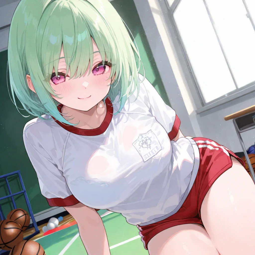 masterpiece, best quality, 8K, (PASTEL GREEN HAIR;1.1), (PURPLE EYES:1.2), short wavy-HAIR STYLE, half-closed eyes, Large , SWEAT, blush, (semen:1PUSSY JUICE,rt-shaped pupils:1.1), (NSFW:1.4), volleyball uniform, no-sleeves