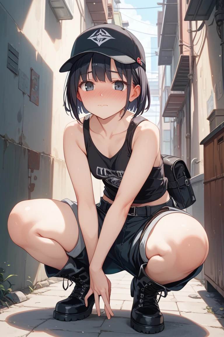 masterpiece, extra limbs,(1little girl),10years old,(black shaggy cut), slant eyes, blank navy eyes, small,(flat chest small nipples small areolas),pale white skin athlete skinny body,sullen,(on one knee),((clothed killer,black hooded sweatshirt,hot pants,black boots)),(have a gun),((alley,night:1.8)),full body,pov