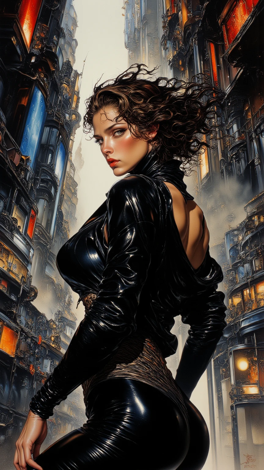 (((Cyberpunk art technique by Josan Gonzalez)), (Art inspired by the technique of Charles Lavesso) ,((Mejor obra maestra del mundo)), arte rico en colores, ((Realismo)), (mujer blanca), (chica extremadamente hermosa: 1.2), mujer madura, sexy, (cuerpo completo), (chica semidesnuda), pose sexy, (cara crujiente), (one eye is bionic), (pelo con variaciones), cabello afeitado y trenzado en el costado, cabello, rubio, negro, rojo, Random lock of hair color, cuerpo perfecto, boca fresa con brillo, boca poco abierta, eyes symmetrical, mirada seductora, ojos hermosos ultra detallados y con brillo), maquillaje, manos perfectas con 4 dedos y un pulgar, nalgas llenas y redondeadas media y lateralmente, tendency ass of the Brazilian, small, round breasts, y areolas sobresalientes), (pubic hair barely visible), piercing in the navel, tatuajes en el cuerpo, estilo tatuaje Irezumi, cintura delgada, piel bronceada, marcas de bikini en piel bronceada, piel metehumam, piel hiperdetallada con poros visibles, small discolored body hairs, bionic, legging, (transparent glass plastic top: 1.2), (transparent plastic bag), (transparent crystal plastic fabric), mojado con sudor, (see through cloth), Chaqueta estilo Cyber Punk, high heel shoes, ((Metropolis Cyber Punk night city extremely detailed night background: 1.4)), npcs de paseo cyber punk, bicicletas deportivas estacionadas, (vallas publicitarias: 1.2), cubierta de vidrio, discoteca, street alley, playa, paisaje, neon, piso mojado, efecto de resplandor, (8K分辨率: 1.2), (Canon EOS R6), Artstation trend, Lumen[, sharp, Unreal 5, arte fotorrealista, Ray Tracing, (High Dynamic Range 10 plus), surrealismo, sombra, estereo grama, luz Lens Flare, (luz y sombra hiperrealistas: 1.2);