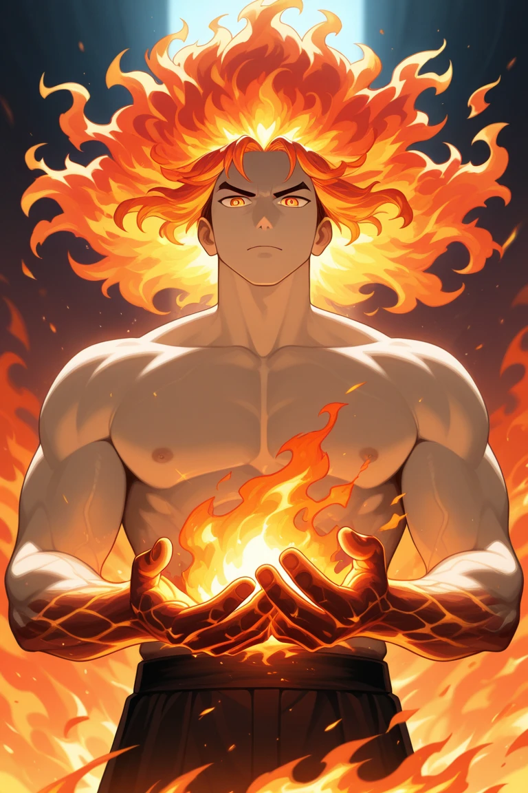 masterpiece, Top quality, 16k uhd, Stand, 1 male fire genasi with orange skin, Fire Wizard, no top, Free upper body, Six-pack muscles, muscular physique, elegant black trousers, fiery burning flame hair, Fire Mage, a swirling fireball hovers above his left hand, Magical setting, Confident Pose, devilish smile. highly detailed facial and skin texture, detailled eyes, square eyebrows, Amber eyes with sparks, Fine facial features, chiseled jawline, Shiny orange skin with smoky undertones