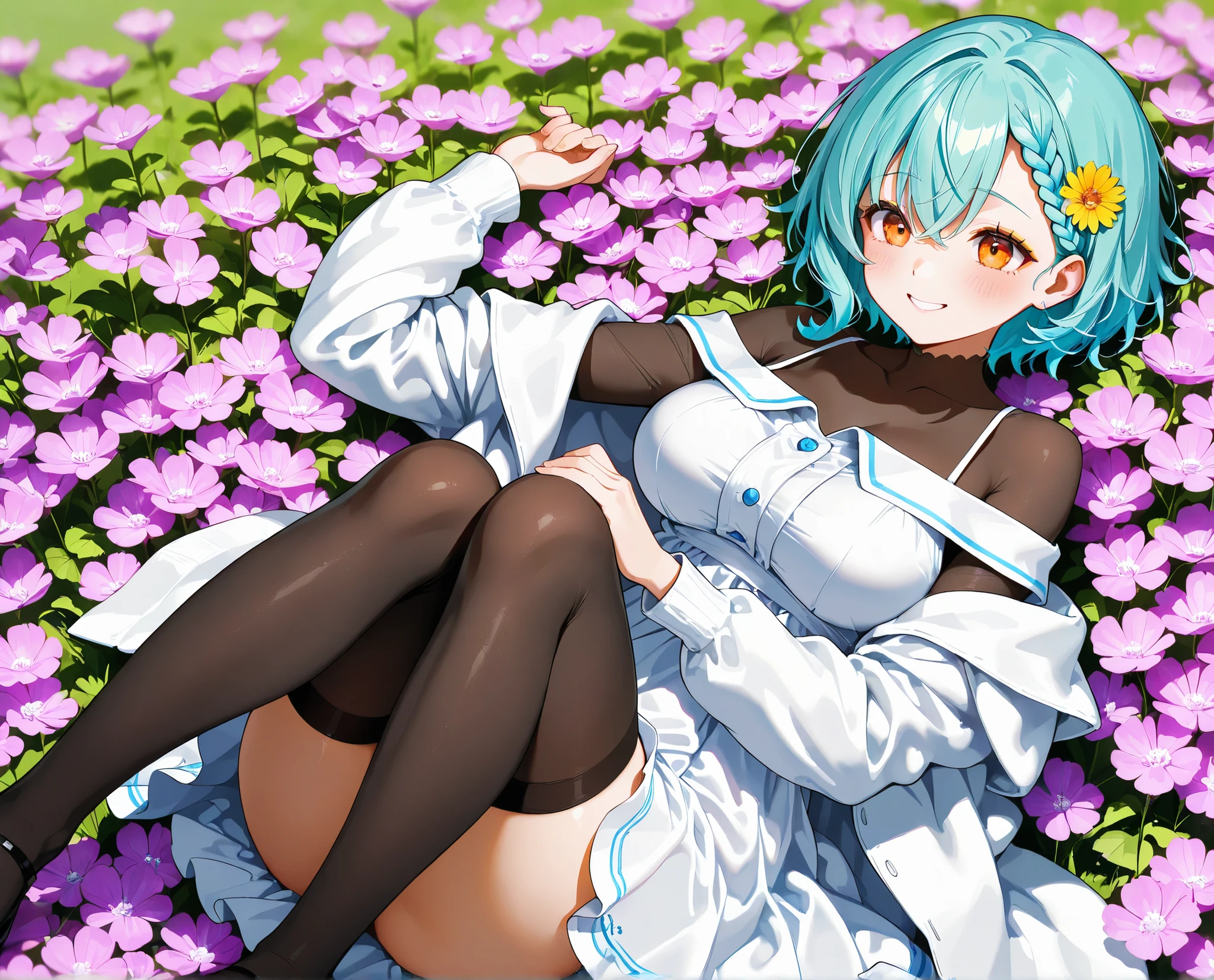 By torisan, 1 girl, seiun sky /(umamusume/), horse girl, panty shot, sketch, on flower field, lying, blush, sundress, see-through, panties, shiny skin, sweat, steam, ((flower)), beautiful color, detailed, amazing quality, nsfw 
