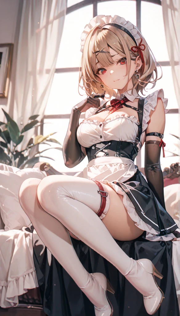girl on top, cute, nice lingerie, perfect face, blue eyes, hand up lace skirt, underskirt view, skirt, raised leg, domineering look, view between the legs, lace panties, panties visible, panties peeking out, view from the under of the skirt, lace lingerie, panty view, sexy, smile, teasing look, peeing