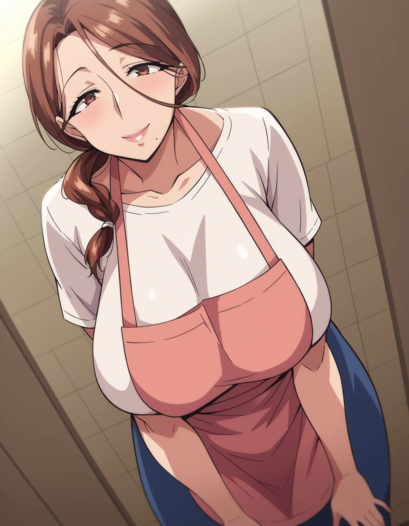 expressive, shiny skin, 1 woman, mature woman, 30 years old, smooth body, in front of the door, smiling, eyes closed, wearing a white t-shirt, pink apron, blue short skirt, not wearing panties, yumiko kimura, long hair, brown eyes, big breasts, mole under mouth, mature woman,