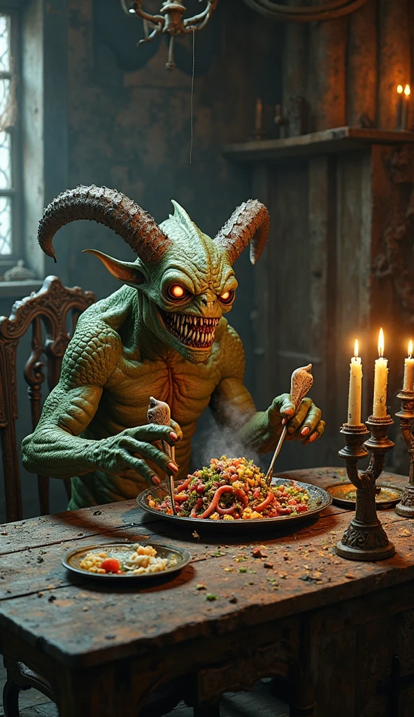 In a dark and sinister kitchen, A giant troll dominates the scene. His imposing figure fills the space, with a rough, green skin that looks like old, worn leather. It is a terrifying being, with a massive and disproportionate body, covered in patches of long, matted hair that hang from his scalp like rotting strands. His piercing yellow eyes gleam with malice as he watches his tiny victims..
In a colossal hand, the troll is holding a bird cage, hanging from the ceiling with a thick rusty iron chain. Inside the cage, several humans, scared and helpless, they pile up, barely fitting into the small space. Their faces reflect despair as they look helplessly at the terrifying fate that awaits them..
On the other hand, the troll is holding a person, small compared to its size, lying on a large tortilla. With a sadistic grimace, The troll sprinkles yeast on the victim, preparing it as if it were a simple ingredient in his grotesque recipe. at your side, A huge frying pan filled with boiling oil emits a menacing hiss, ready to fry anyone who falls inside it.
Around the kitchen, The atmosphere is just as macabre. On stone countertops, There are giant pots and cauldrons filled with repulsive ingredients, while a pair of human skulls decorate the scene, placed as if they were macabre trophies. Melted wax candles dimly illuminate the room, casting long, distorted shadows that heighten the sense of horror.
The troll has huge fangs protruding from its mouth., sharp and menacing, and a large bone pierces his nose, a trophy of some unfortunate victim. The scene is permeated with an air of impending danger and hopelessness., where tiny human figures barely stand a chance against this gigantic monster, who is already savoring the dinner he is about to prepare.