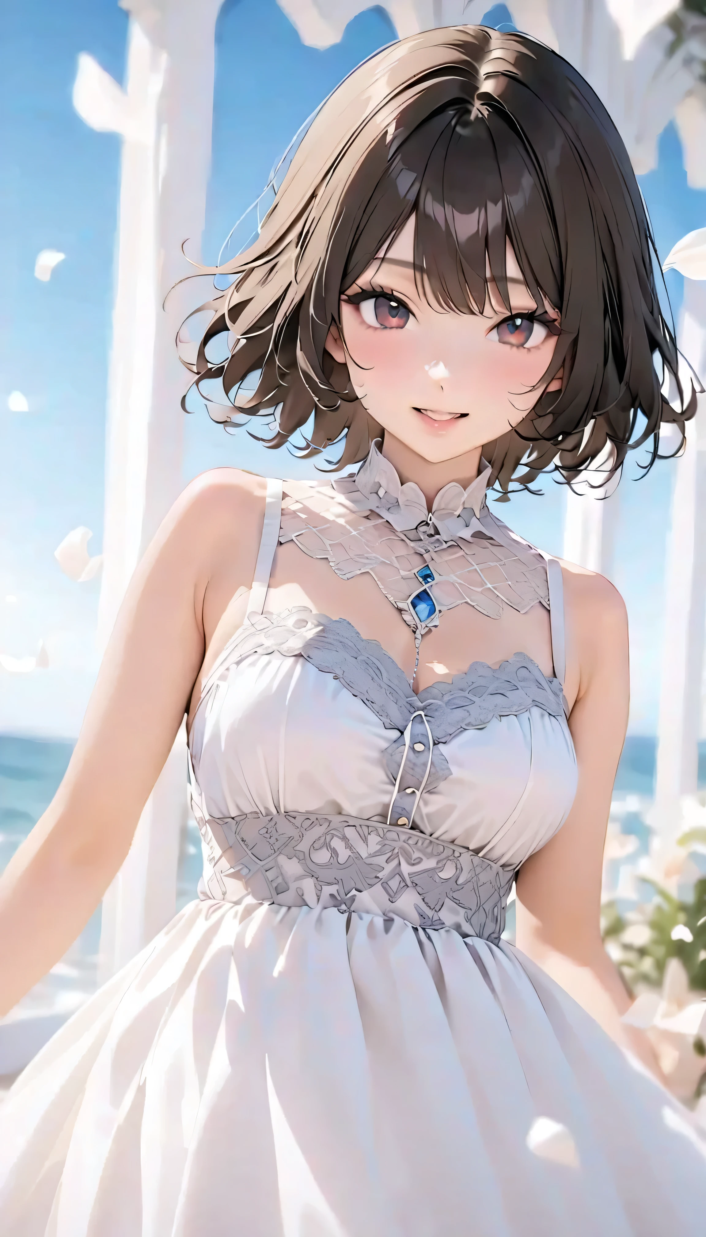 ((((ultra illustrated style:1.0)))),best quality,best animated,masterpiece,ray tracing, global illumination,white lace,head, I-type Valley,cleavage,see-through,1girl, solo, standing, outdoors, cowboy shot,looking at viewer,dress,   <lora:Hoshizaki Ao_07:0.5> <lora:I-type Valley:0.5>
