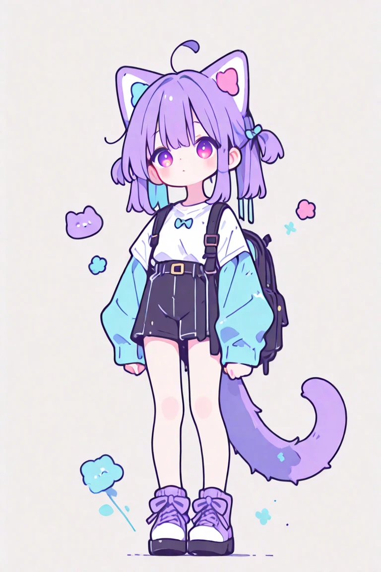 cat, full body, 1 girl, (pastel color: 1.5), (cute illustration: 1.5), (watercolor: 1.2), white background background,