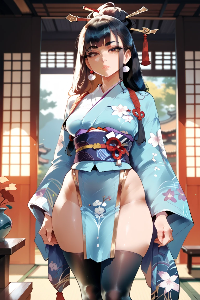 (masterpiece), best quality, expressive eyes, perfect face, Girl,long dark iridescent hair, iridescent eyes, small waist, medium , large thighs,kimono