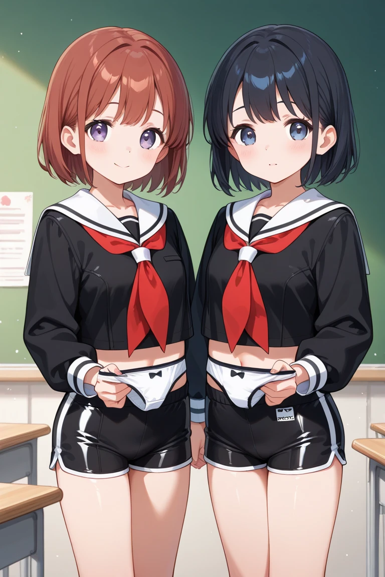 score_9, score_8_up, by everyntrge, 1girl, standing, looking at viewer, solo, black hair, bob cut, short hair, sidelocks, blush, smile, black serafuku, thighhighs, simple background, white background,