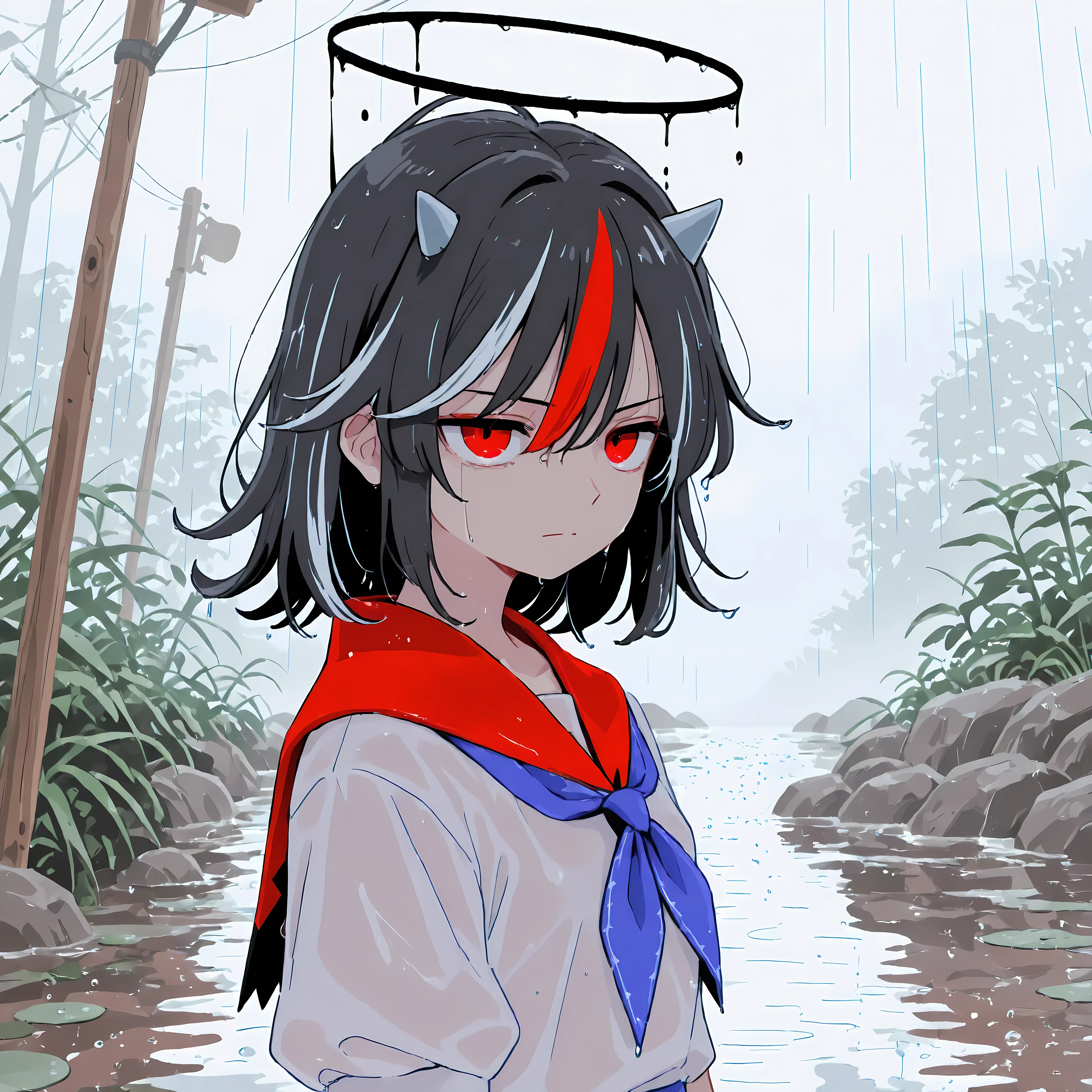 only one person，Kijin Seija，touhou，serious，Black Halo，rainwater，roadside，with your eyes shining