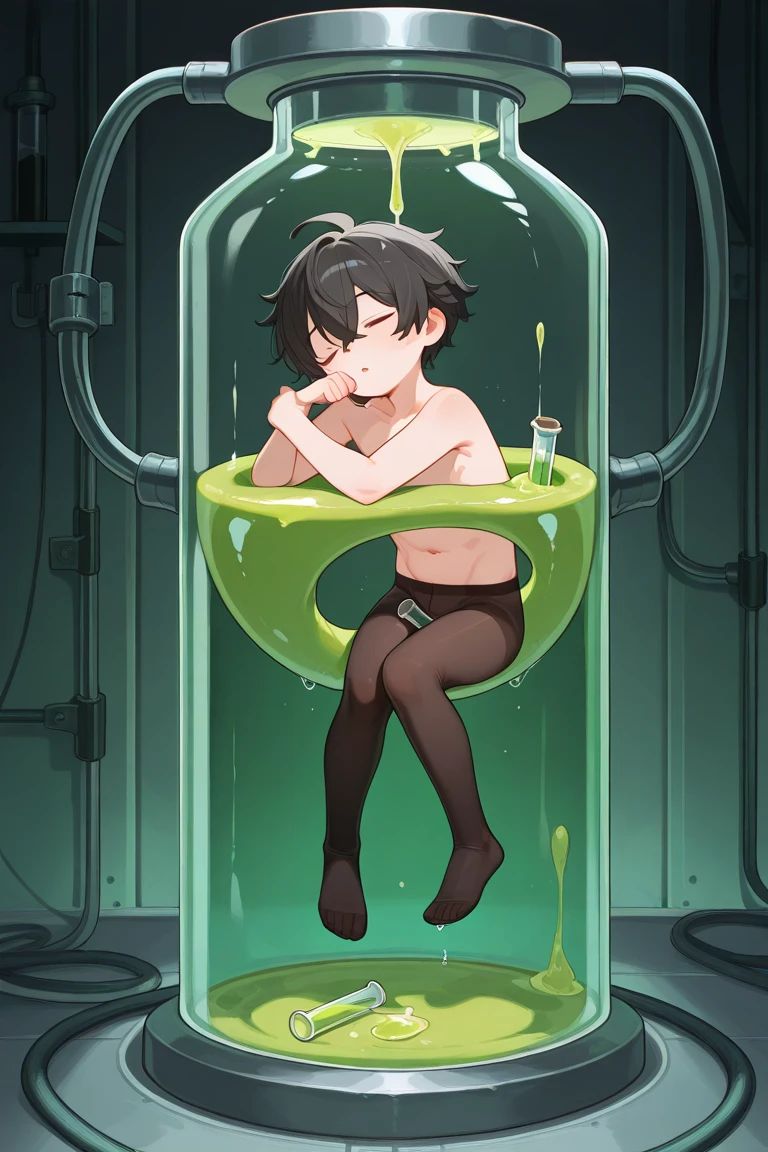 artwork, Attention to details, beautiful punk girl, big breasts, short black raised hair and black eyes, with a white shirt, bare legs, black panties, whole body, barefoot, trapped inside a transparent jar, waxed inside, inside the jar, whole body en el frasco, sentada inside the jar, barefoot