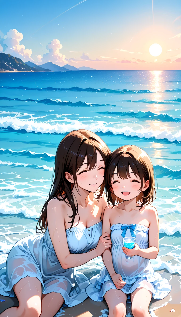 Masterpiece, best quality, two girls and a boy playing in the water, happy laughter, fine facial features, lake full of flowers, splash flying, swimsuit, lotus, lotus leaves, clouds, sunset, clean blue sky, summer,