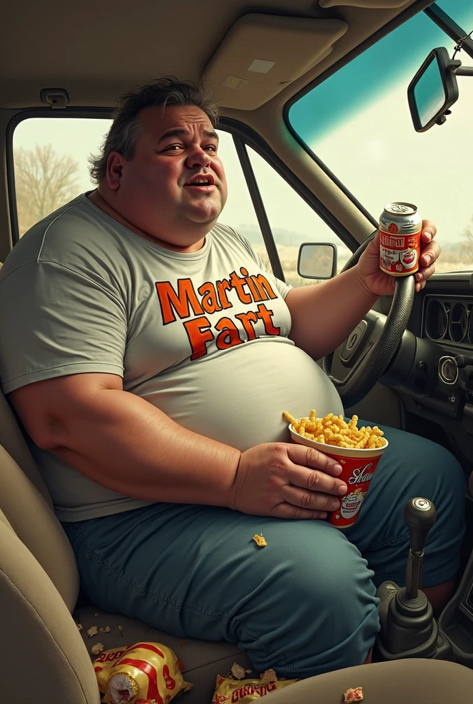 Fat sweaty man riding a bike with a helmet, cyclist clothing, with a glass of beer and a meat skewer in hand,