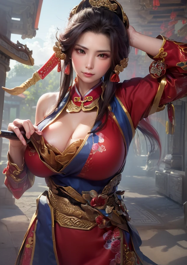 Highly detailed CG unit 8k wallpaper, masterpiece, High resolution, highest quality, highest quality real texture skin, Super Real, Digital Painting, Best image quality, 最High resolution, 8k, Very beautiful teenager, ((Highly detailed eyes and face)), Beautiful eyes every detail, Full Body Shot, Crouching posture, Accentuate your chest, chinese style embroidery, china dress, slit, Thighs, ((disproportionate breasts, huge breasts, sagging breasts, Cleavage, gigantic breasts, Saggy breasts, Gravity-dependent breasts, long chest, Heavy chest, erect nipple)), smile, grin, ((Diao Chan, Three Kingdoms)), Big Breasts, lewd, Prostitute,
