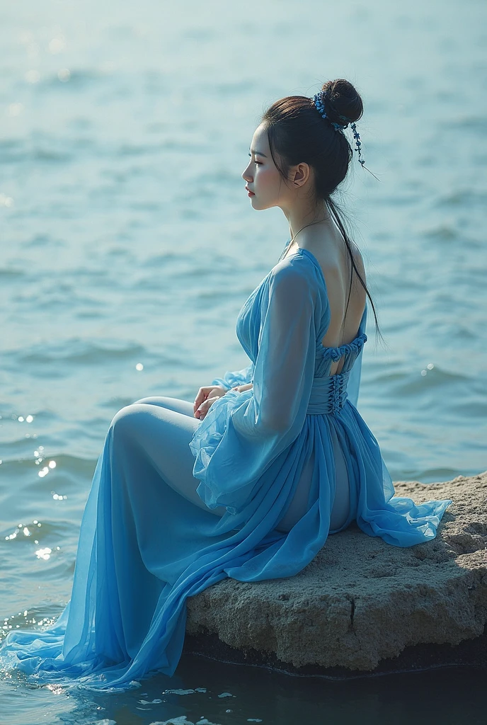 Two beauties digitally painted by mermaids, highly detailed film water and ocean palette, underwater, dressed without revealing their bodies, one wearing a white Hanfu long skirt, the other wearing a dark green Hanfu long skirt, they sit on a huge stone on the shore of West Lake and lean on each other, white huge lotus flower, ancient Chinese towers in the distance, exquisite facial details, spotlights, perfect composition, surreal, ultra-detailed, 8k, high quality, clear focus, intricate details, highly detailed, dynamic lighting, detailed and complex environment,