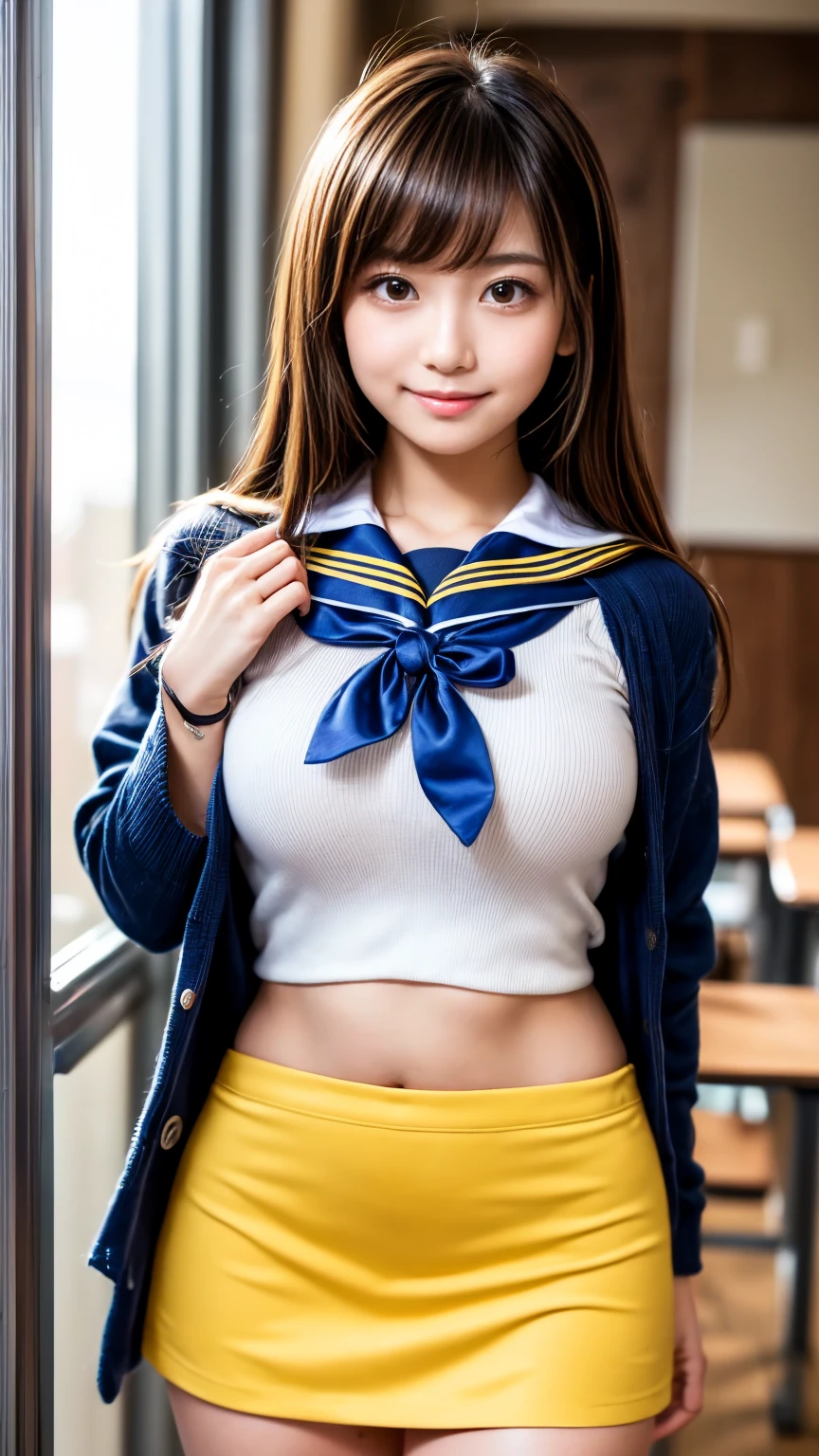 (realistic, photo-realistic:1.37), (masterpiece:1.4), (best quality:1.4), (ultra high res:1.2),(RAW photo:1.2), highres, ultra detailed, absurdres, (sharp focus:1.3), (face focus:1.2), (perfect Beauty:1.3),vibrant details, hyperrealistic, (extremely detailed beautiful face and eyes:1.4), (extremely detailed beautiful hair:1.4),(shiny skin:1.5), (full body:1.37), (1girl wearing extremely detailed summer sailor uniform:1.5), (23yo:1.1), (happy smile:1.2),delicate composition,(posing:1.2), (young hands:1.2),large breast,(underboob:1.6), Panties,Double eyelids,(lipgloss, eyelashes, gloss-face, glossy skin,depth of field, chromatic aberration, caustics, Broad lighting, natural shading,Kpop idol:1.2) looking at viewer with a serene and goddess-like happiness,BREAK, (detailed classroom background:1.2),indoor, scenery, bangs, beautiful detailed eyes,looking at viewer, (cute), (natural lighting), (soft lighting), finely detail,