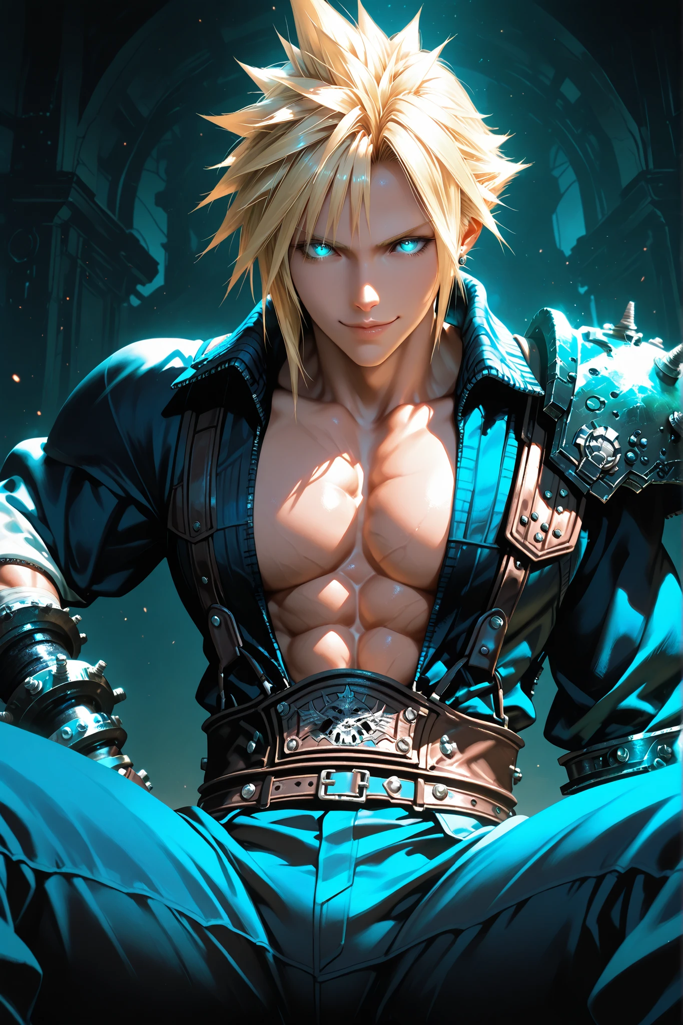 Cloud Strife, Final Fantasy VII inspired, masterpiece, best quality, ultra-detailed, 8k, muscular male, abs, seductive expression, confident smile, sharp blue eyes, spiky blond hair, open military-style jacket, tight pants, detailed fantasy outfit, cinematic lighting, dramatic shadows, front view, low angle, sitting pose, powerful presence, dark background, glowing highlights