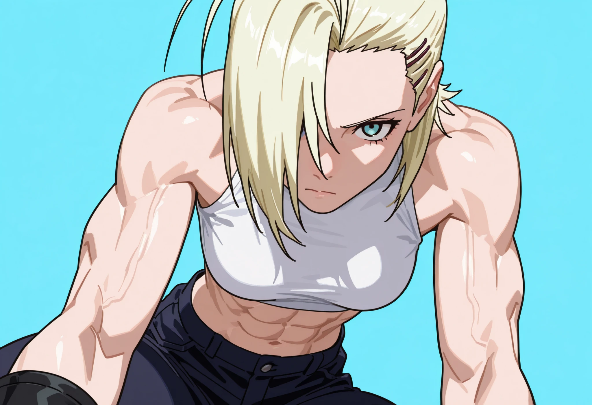 close-up of the face. Beautiful woman in her thirties, blonde hair, long thin face, blue eyes, narrow gaze, short hair, hair slicked back, emo bangs that fall over one eye (antenna bangs) (Yamanaka Ino bangs), tall and athletic woman, tight white top, black tactical pants, black high boots, black gloves, athletic body, muscles, thin waist, defined abs, thin face. Masterpiece, best quality, 2D, flat shading, flat illustration, minimalist, pop art style, neopop, linear drawing, vector line, 1 girl, alone, medium breasts, (colored background, simple background), looking at the viewer, no makeup, in a sexy pose, beautiful eyes, detailed eyes. City art in the background (angle: front view, viewer's height)