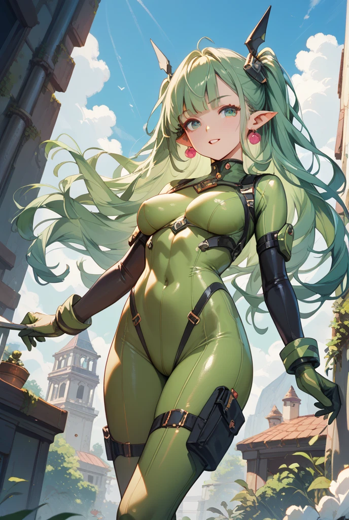 green skin, goblin, adventurer, backpack, spear, leather belt, vest, long ears, pointy ears, elf ears, thin clothes, open shirt, breasts, curvy, ecchi, short, shortstack, pigtails, purple hair, freckles, half rim glasses, dungeon, torch, 1 woman, nipples, leather shorts, booty shorts