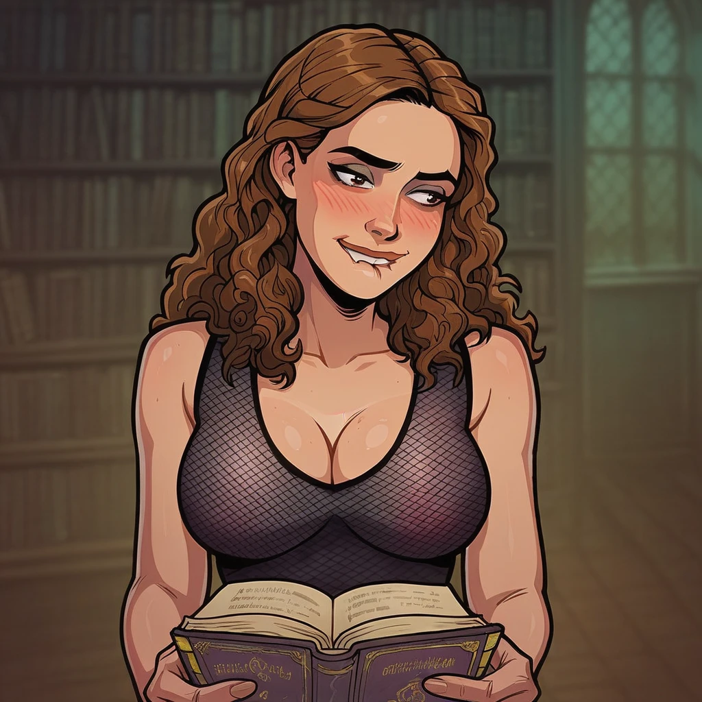 score_9, score_8_up,score_7_up, score_6_up, score_5_up, score_4_up, woman, best quality, highres, portrait, solo, beautiful, long red hair, brown eyes, makeup, lips, hermione granger, eyes clothed, grimace, stick out your tongue, large cleavage