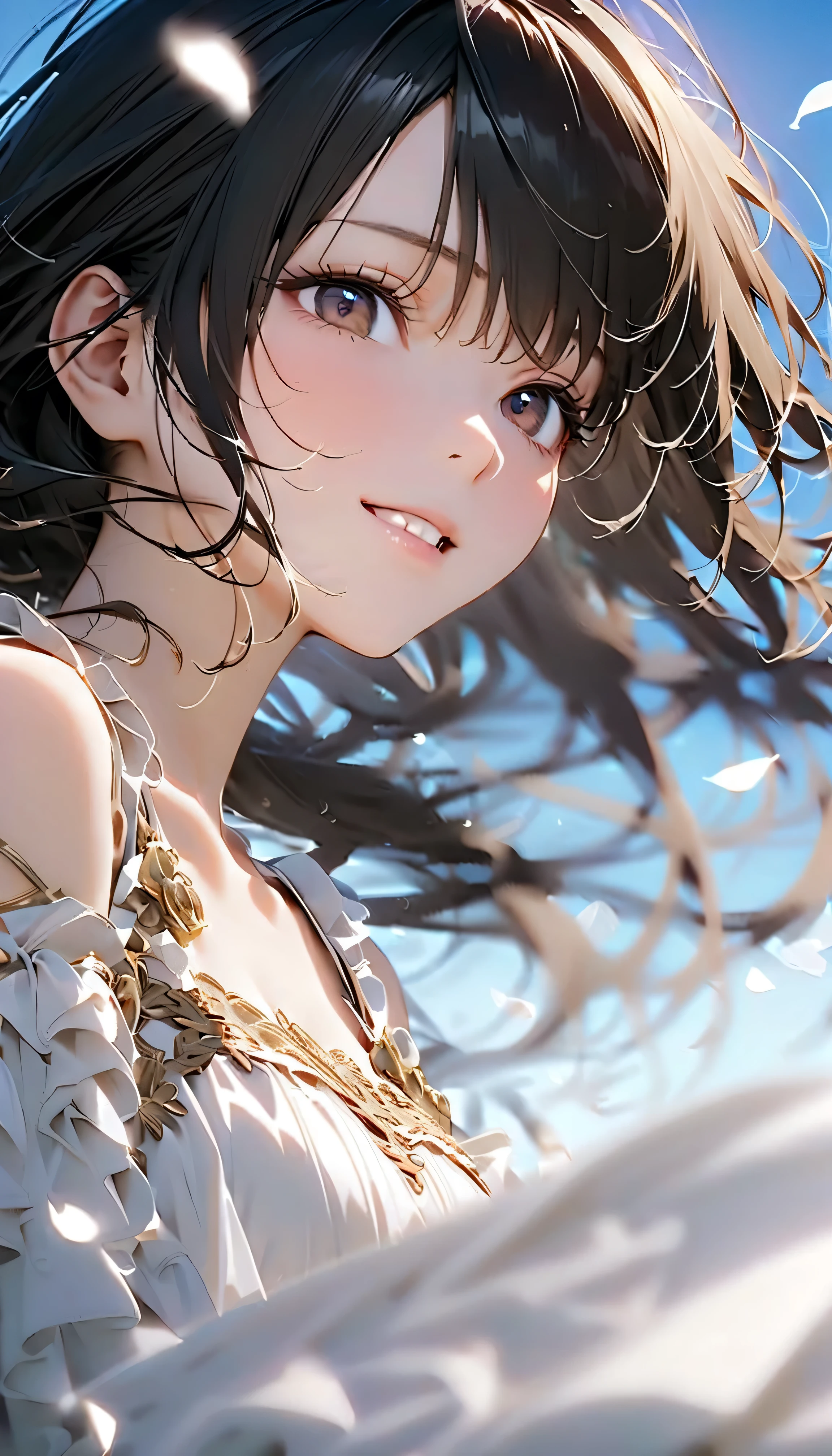 (Highest Quality:1.2, 非常にdetailsな, newest, Highest Quality, Best Aesthetics), 8K Ultra HD, 非常にdetailsな, details, bold configuration, (perfect human structure), beautiful and very delicate texture, (masterpiece:1.2, Highest Quality, Best Aesthetics, wind), (white petals dance:1.2, fantastic blue sky background:1.4), (shallow depth of field:2), windでwhite petals dance, delicate and dynamic, (Light reflection:1.2), (Halation of light:1.2), Romantic and sweet style, コンセプトアートwind, Blessed Virgin Mary white dress, bright light, Beautiful World, New World, accurate, dynamic angle, angel, 1 woman, upper body shot, black hair, dark eyes, young, short, Textured Skin, shiny skin, charming smile, Girl Beauty , Miraculous Beauty Symbol, ((( white dress with lavish embellishments:1.2))), 2.5d, realistic
