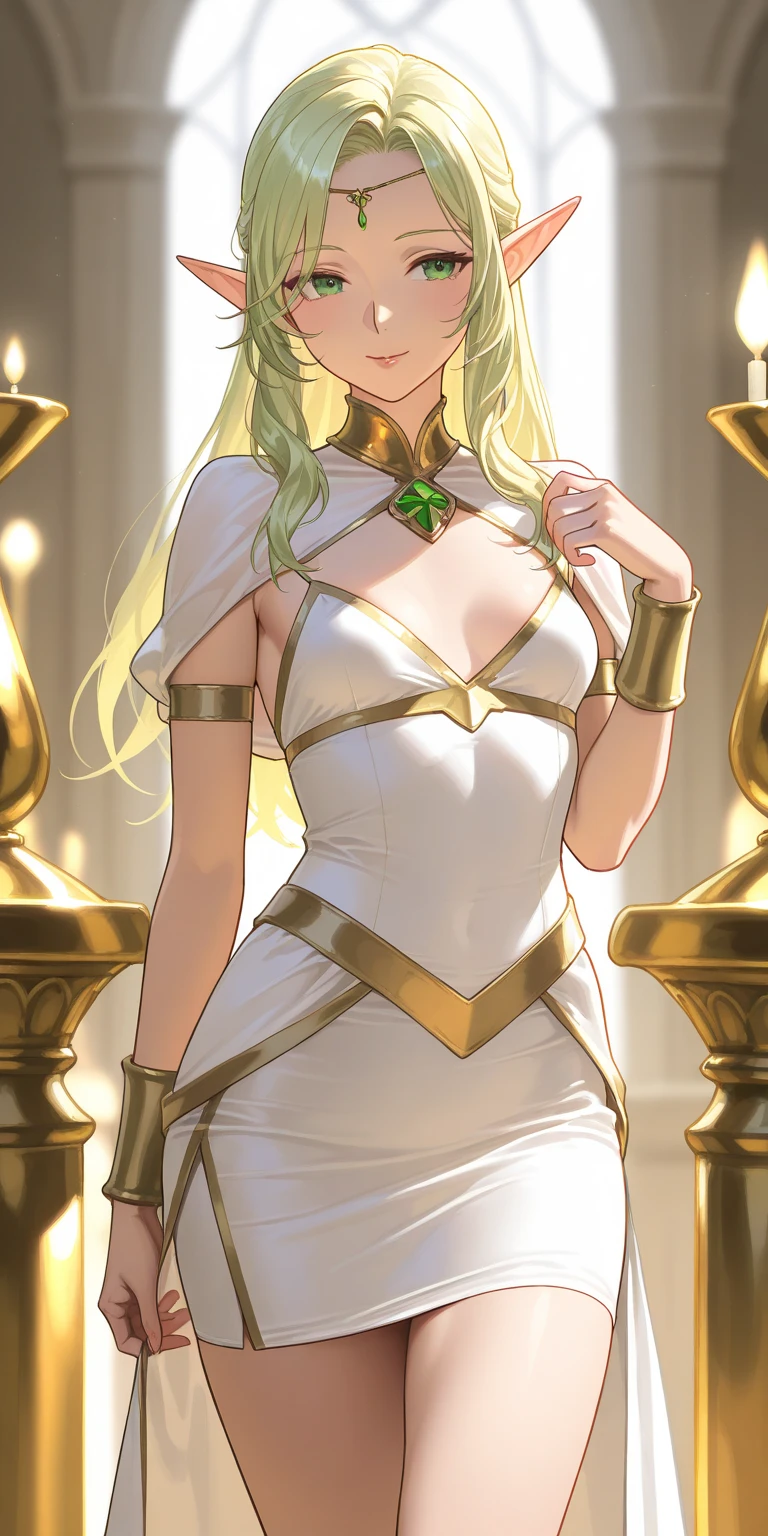 (masterpiece),(ultra-detailed), (high quality), (high resolution), (best quality:1.5, highres, UHD), highres, absurdo, ultra detail, ultra quality, ((2heads:1.5)), 1girl, ((long blonde hair)), thighs, seductive smile, seductive expression, seductive woman, green eyes, beautiful girl, Ultra resolution, 16k, detailed face, ((slim hips)), sassy, flirty, mature woman, sexy beautiful woman, ((cleavage)), (exposed midriff), ((goddess dress)), ((Greek dress)), white dress
