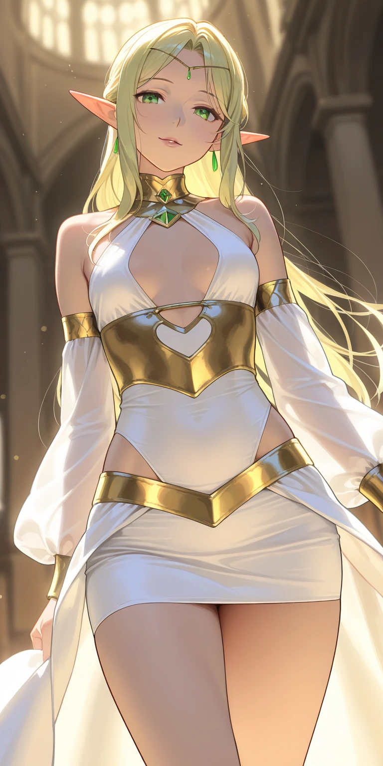 The elf is very beautiful, her body is slim and toned, His skin and hair are white with gold tones., His eyes are golden with a beautiful shine., his countenance is very attractive, her hair short but well combed, Her legs are slim and toned and her hands look very delicate both physically and mentally..