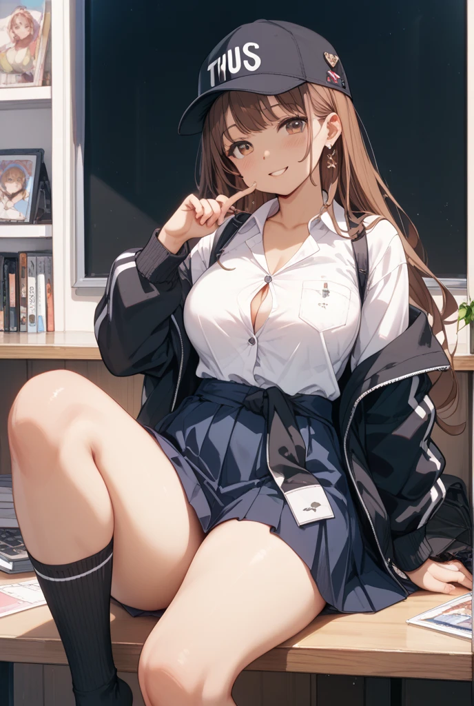 ((Highest quality)), ((masterpiece)), (detailed), ((in classroom)), 1 21-year-old girl, cute, nsfw, brown shiny hair, (small breasts), open eyes, open mouth, brown eyes, public indecency, white lace bra, white lace panties, long spring coat, looking at viewer, orgasm, happy, embarrassed, in heat, realistic, cameltoe, high‐heeled shoes, (lipstick),