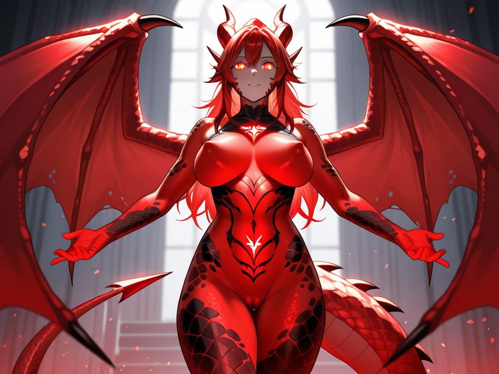 with big red wings and horns, tall body, large breasts and buttocks, long hair. celeste cruel face long hair braids .blue eyes yellow lips. red lycra fitted clothing looking at a castle