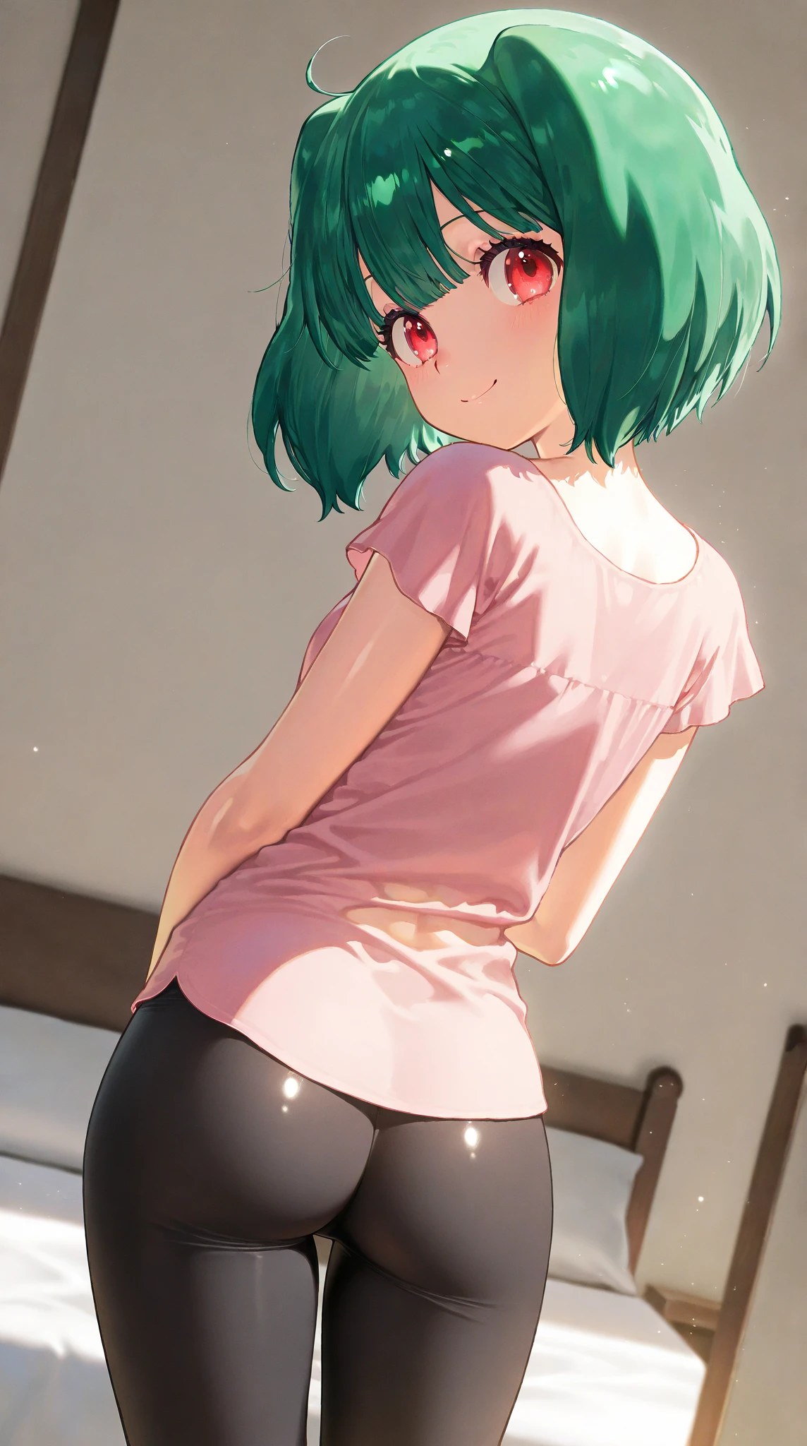 Girl with short green hair, Small breasts, Green Eyes, White Casual Wear Beauty Special、(((Peachy Butt))),Full body photo from head to toe、Leaning forward、A composition that makes the buttocks redundant、Waistline