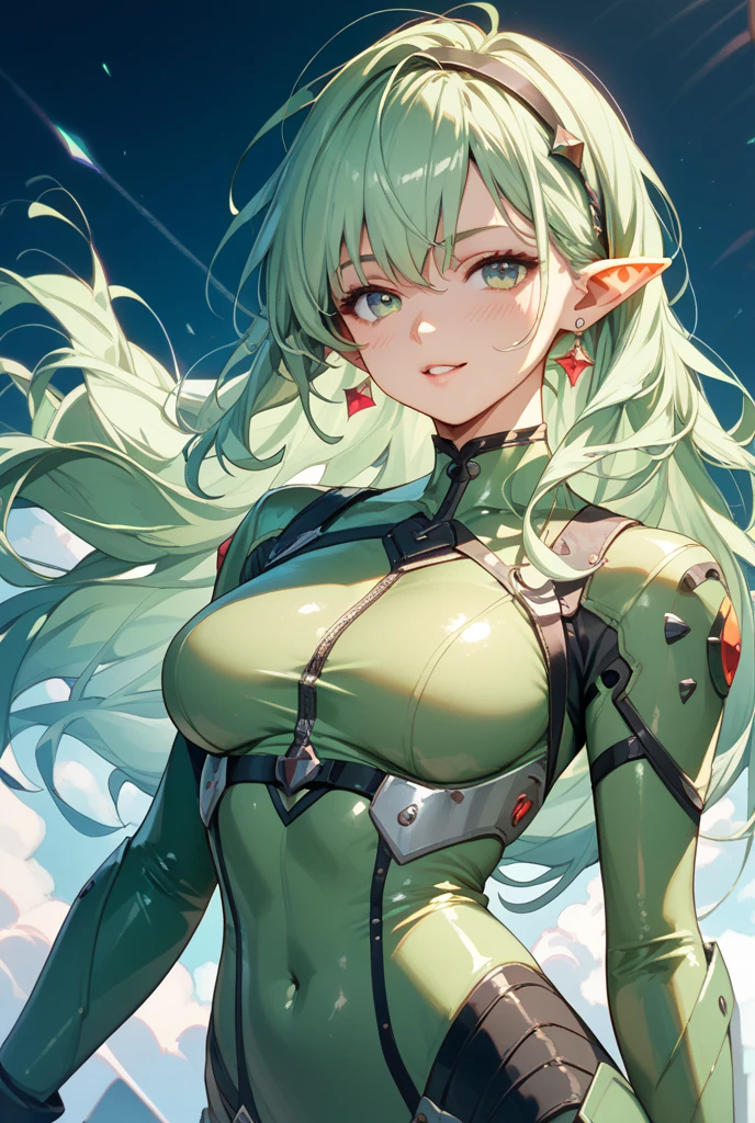 highest quality、complete limbs、one beautiful woman、(green haired woman:1.3)、long hair woman、ponytail woman、beautiful big breasted woman、満面のsmile、female knight、(woman wearing green leotard:1.3)、((woman wearing black pantyhose))、((A woman equipped with full armor:1.5))、inside the cave、smile