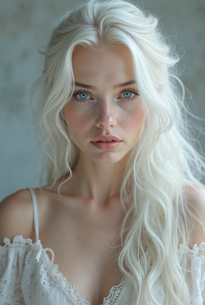 Make a semi-naked young girl , with pearly white hair long, purple eyes, pale skin and very beautiful, she is very sexy, in a medieval room 