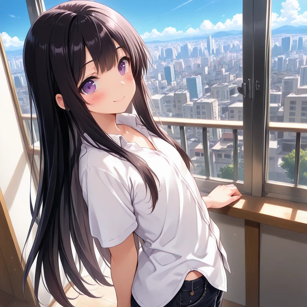 20-year-old,Female college student, Play Photos,One girl, Big Breasts,Butt、[Embarrassed expression、blush],[Black straight long hairstyle,Blunt bangs、Wet Hair], White dress shirt（See-through）、Wet clothes、See-through下着、negligee、Knee-high socks、Standing、Balcony